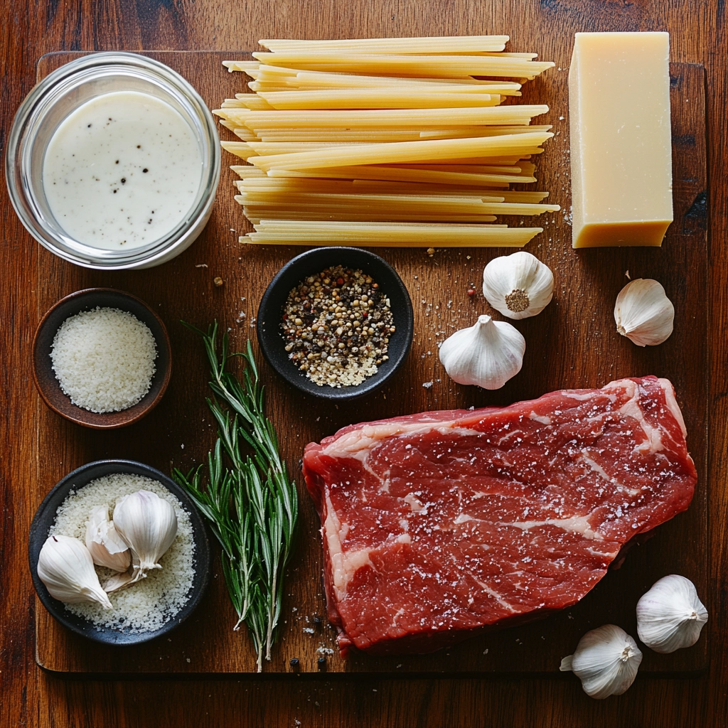 steak-pasta-ingredients_result Steak pasta ingredients on a wooden board