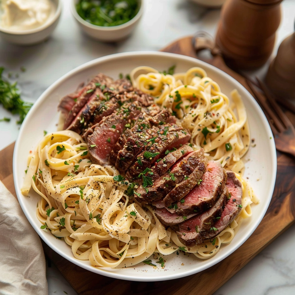steak-pasta Steak pasta in a white bowl with creamy sauce