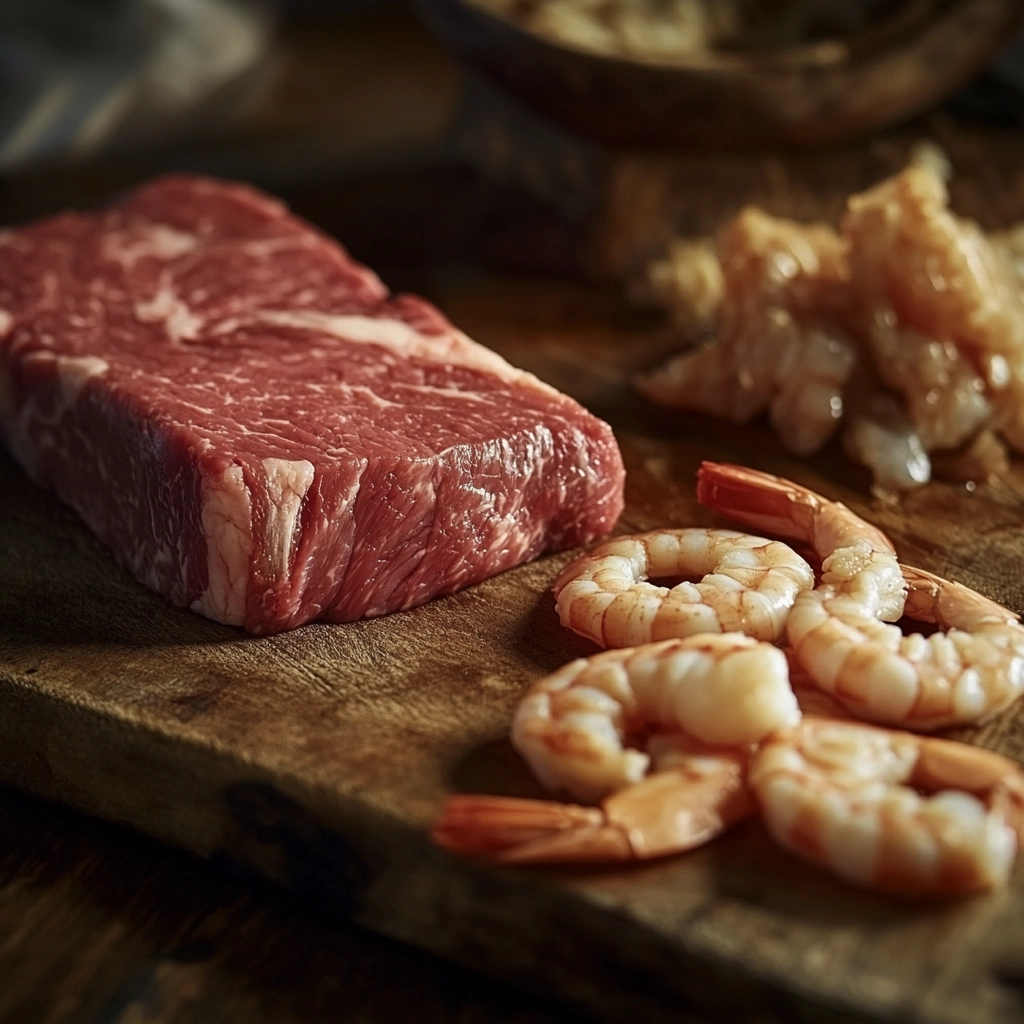steak-shrimp-ingredients Fresh steak and shrimp ready for pasta