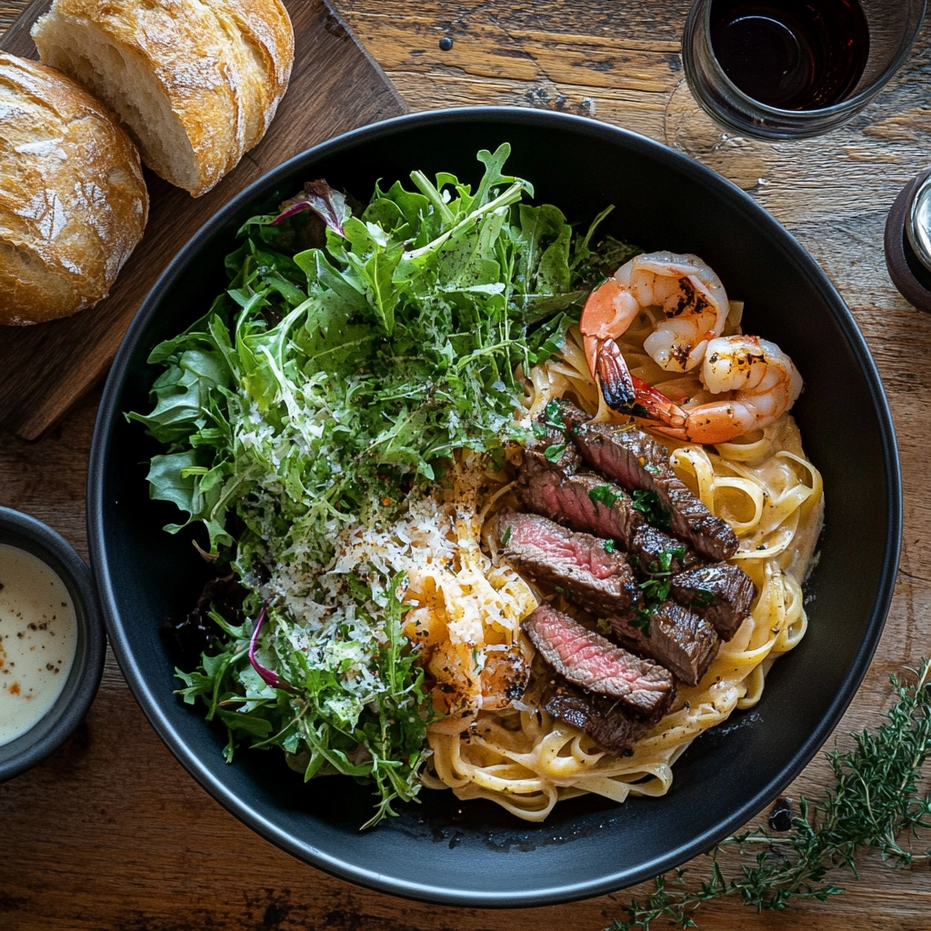 steak-shrimp-pasta-serving Kingsland steak and shrimp pasta with salad
