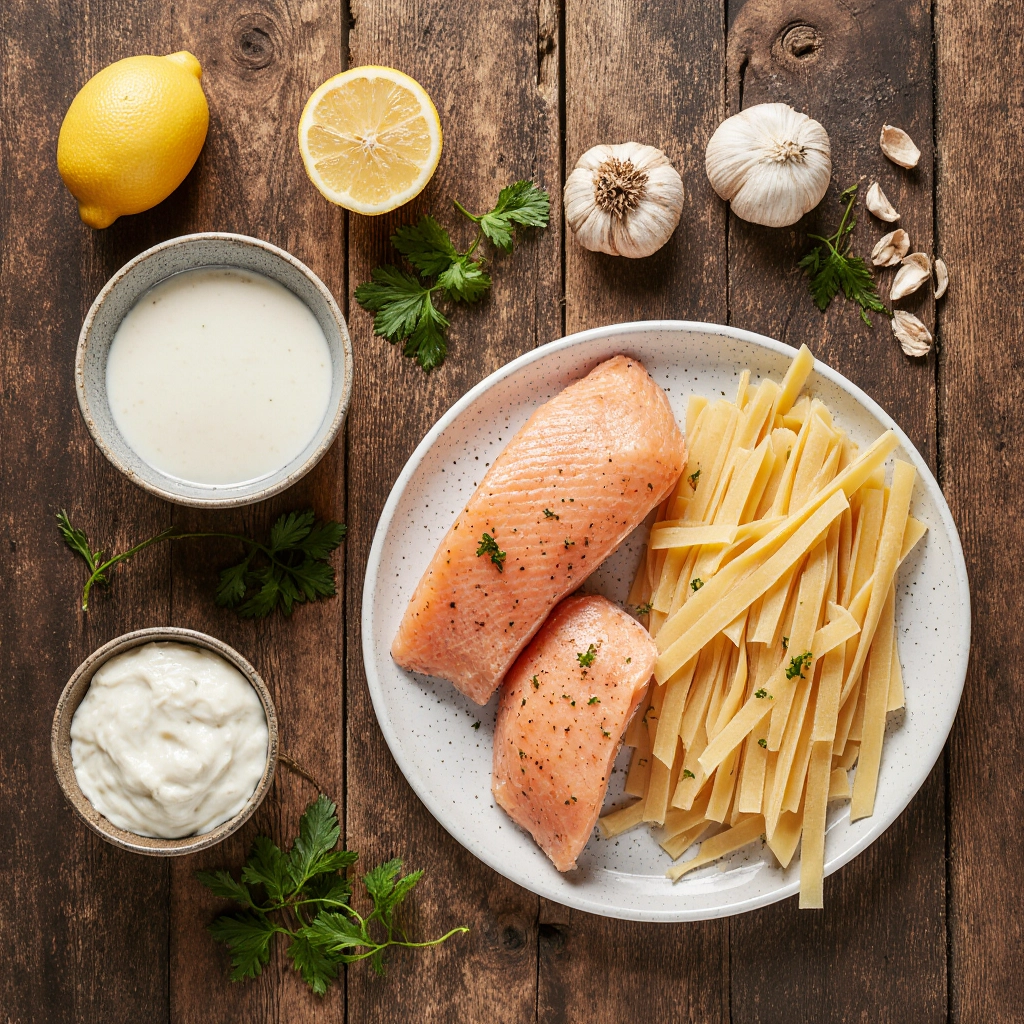 top-down_view_of_fresh_salmon_fillets_uncooked_pasta_like_fettuccine_or_penne_garlic_cloves_a_small_8hsiznonsra4tlom01ws_4_result ingredients for salmon pasta recipe