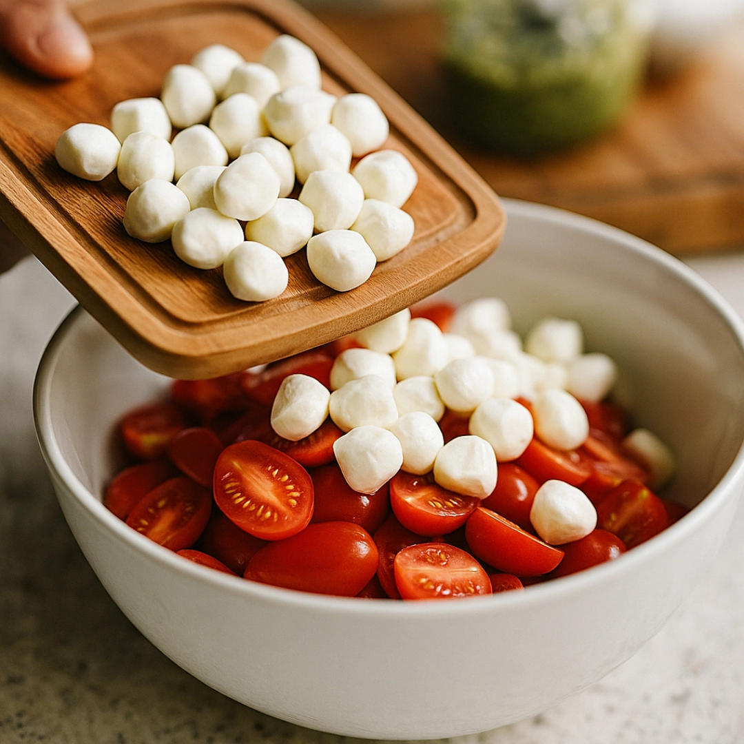 tortellini-cooking.jpg, salad-ingredients-prep.jpg, mixing-pesto-salad (3) cooking tortellini, chopping vegetables, mixing pesto salad