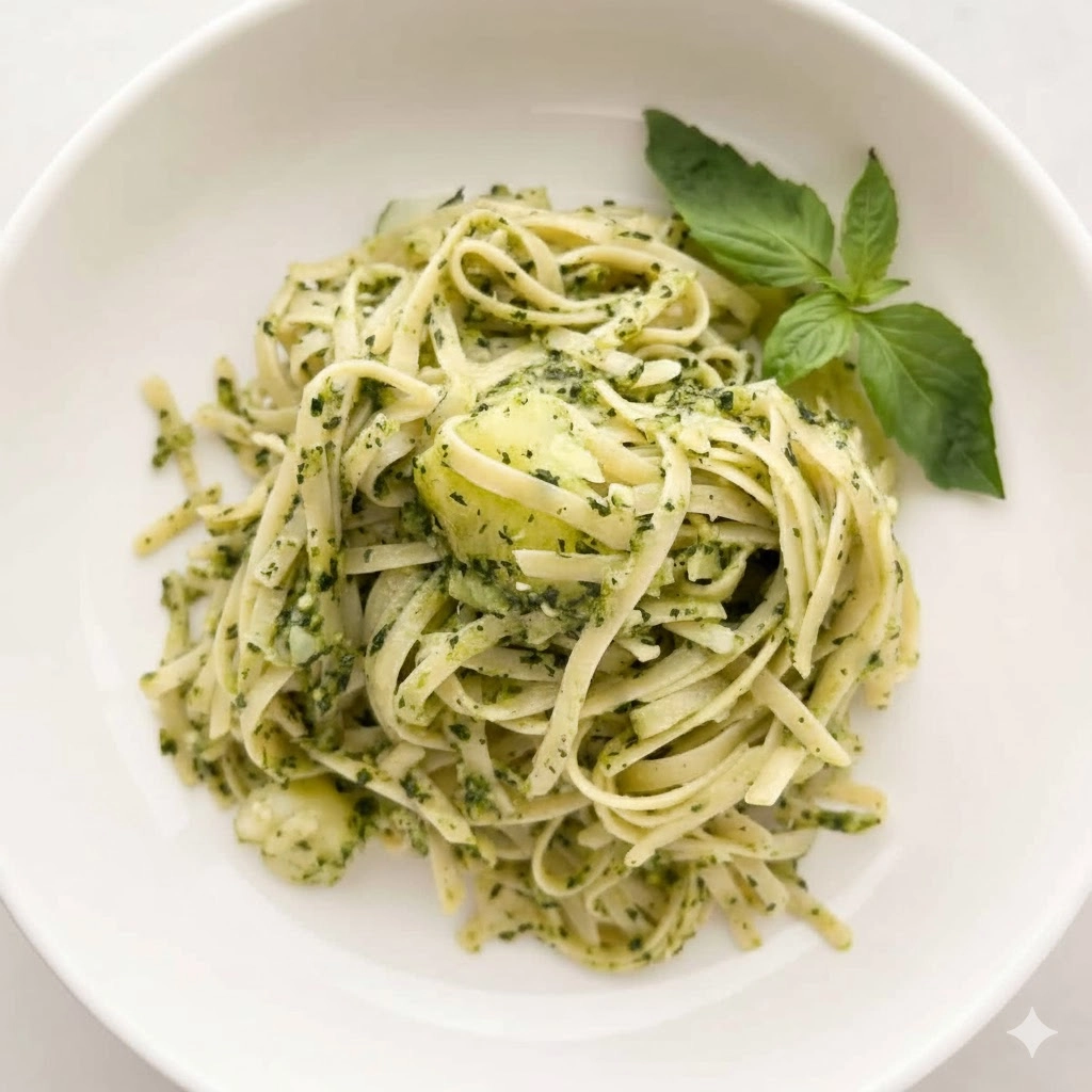 Pasta al Pesto topped with fresh basil leaves, garlic breadcrumbs, and red pepper flakes