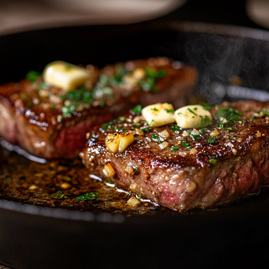 Steak searing in a skillet for pasta