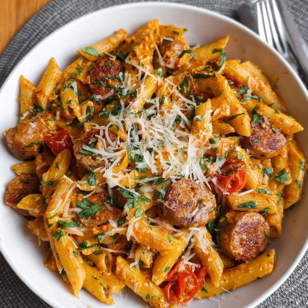 creamy-chicken-sausage-pasta-featured.jpg creamy chicken sausage pasta in skillet with goat cheese