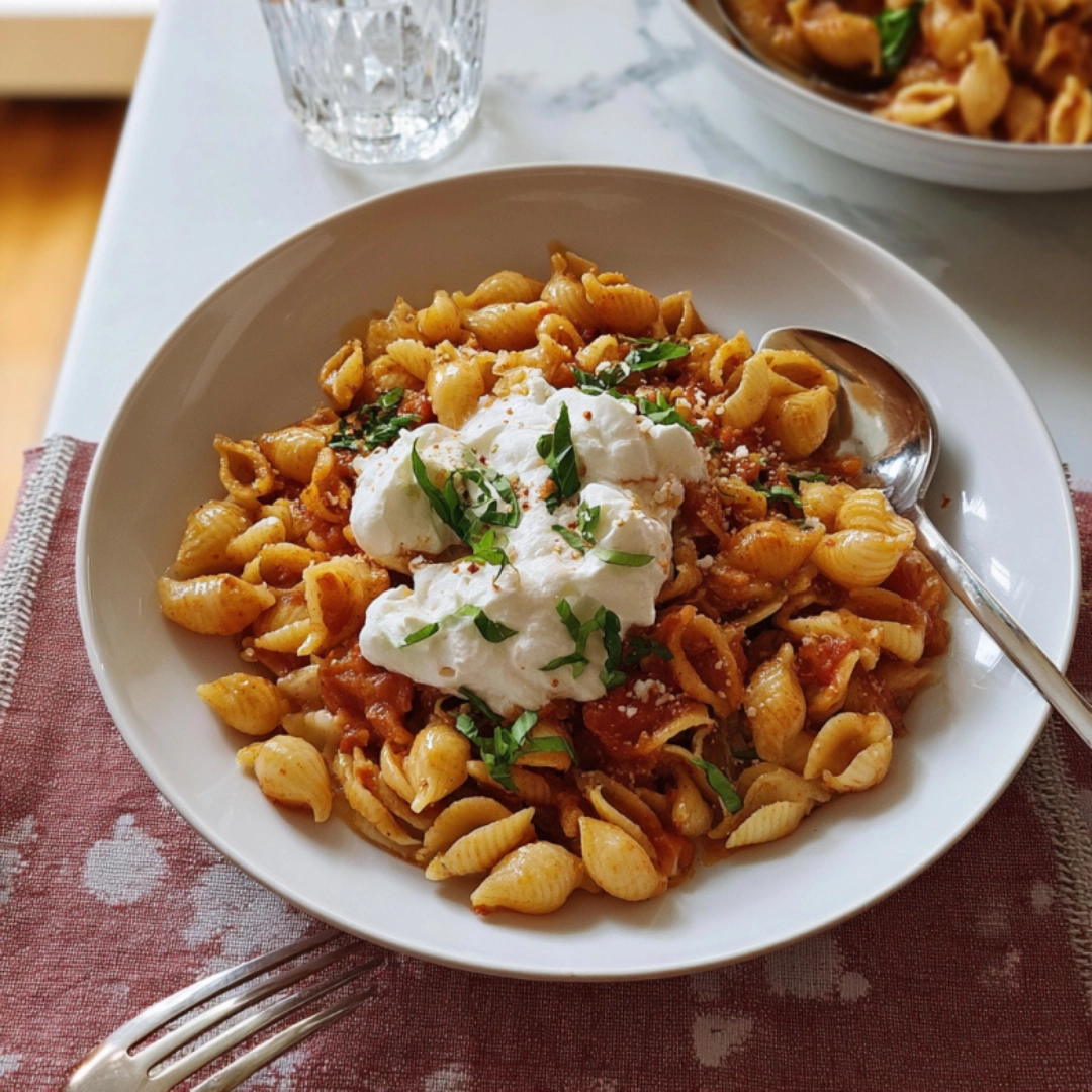Creamy Tomato Burrata Pasta served with chicken, basil, and creamy tomato sauce in a bowl
