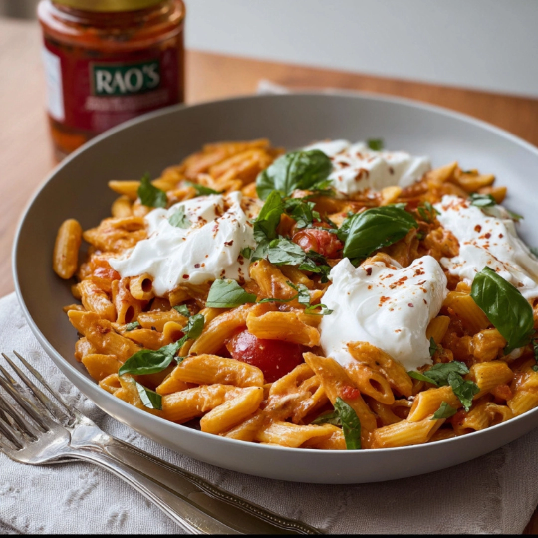 Creamy Tomato Burrata Pasta with Fresh Herbs and Chicken Creamy Tomato Burrata Pasta dish with fresh burrata, basil, and ground chicken in a creamy tomato sauce