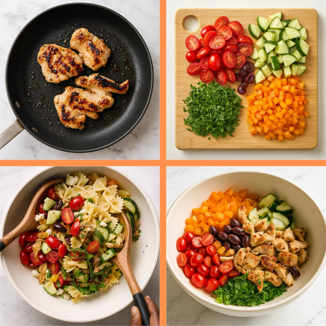 Step-by-Step Greek Chicken Pasta Salad Prep Ingredients and cooking steps for Greek Chicken Pasta Salad including grilled chicken, chopped vegetables, and mixing process