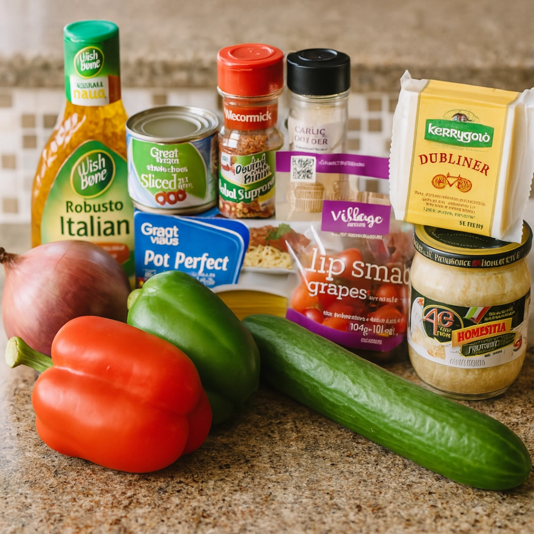 Fresh Ingredients for Making Spaghetti Salad Ingredients for Spaghetti Salad recipe including pasta, vegetables, cheese, and dressing