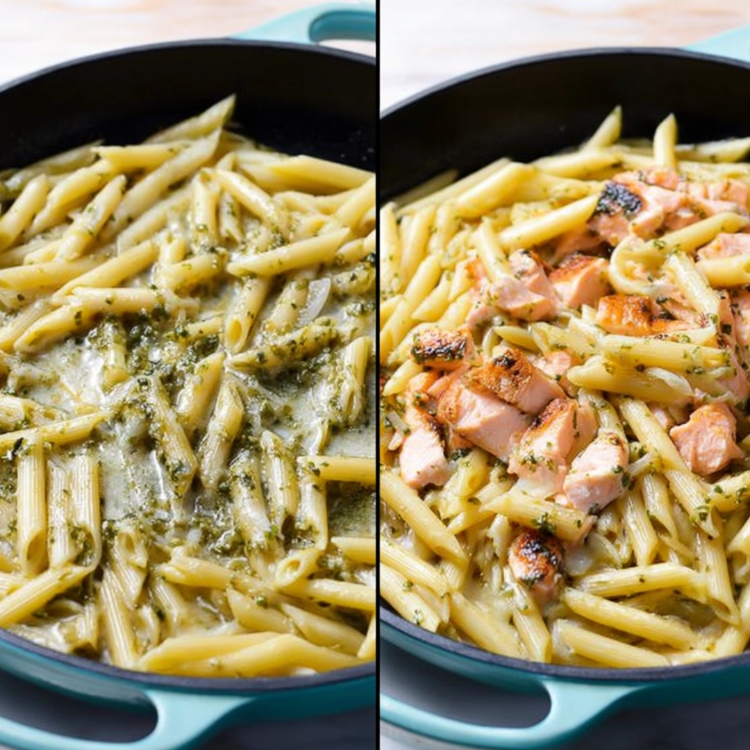 Two images: the top shows cooked fettuccine pasta with grilled salmon in a pan, and the bottom shows a seasoned pesto-crusted tofu block in the same pan Two images: the top shows cooked fettuccine pasta with grilled salmon in a pan, and the bottom shows a seasoned pesto-crusted tofu block in the same pan