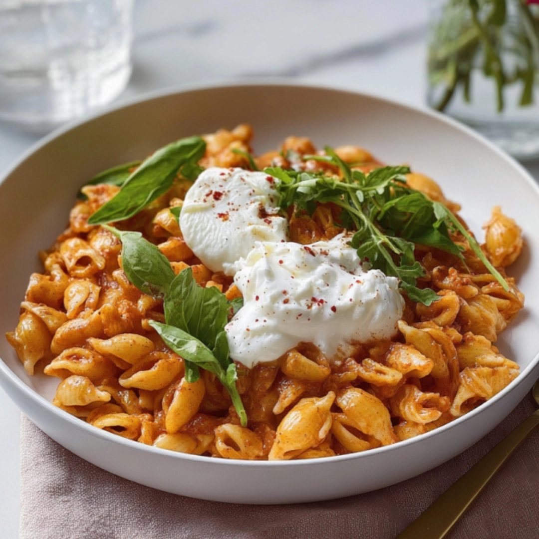 Creamy Tomato Burrata Pasta Served with Basil Garnish Creamy Tomato Burrata Pasta loaded with burrata cheese, fresh basil, and tomato chicken sauce