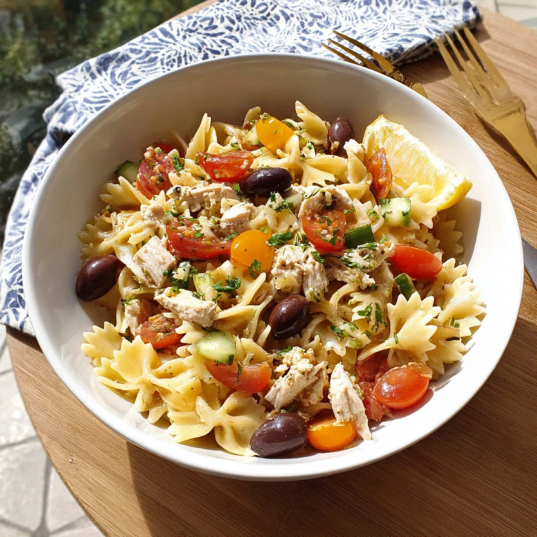 Greek Chicken Pasta Salad with Lemon Garnish Greek Chicken Pasta Salad served with lemon wedge on the side in natural sunlight
