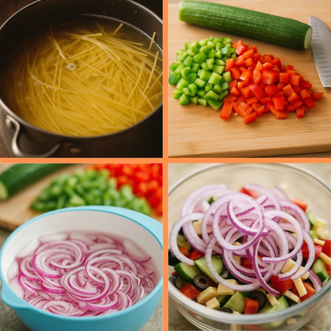 Vegetable and Pasta Preparation for Spaghetti Salad Prepping vegetables and noodles for Spaghetti Salad recipe