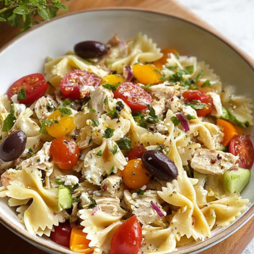 Greek Chicken Pasta Salad Marinade and Pasta Prep Ingredients and marinade for Greek Chicken Pasta Salad including lemon, garlic, spices, pasta, and marinated chicken thighs