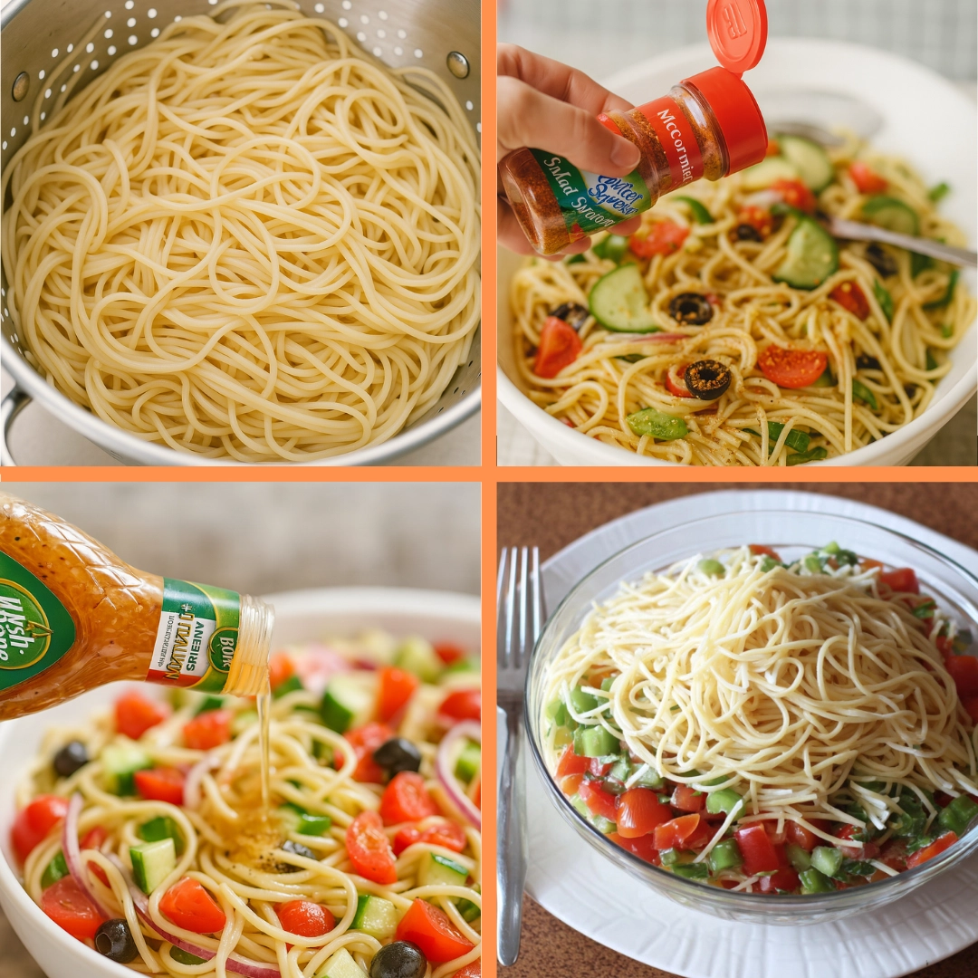 Classic Spaghetti Salad Served with Fresh Vegetables Finished Spaghetti Salad recipe served in a white bowl