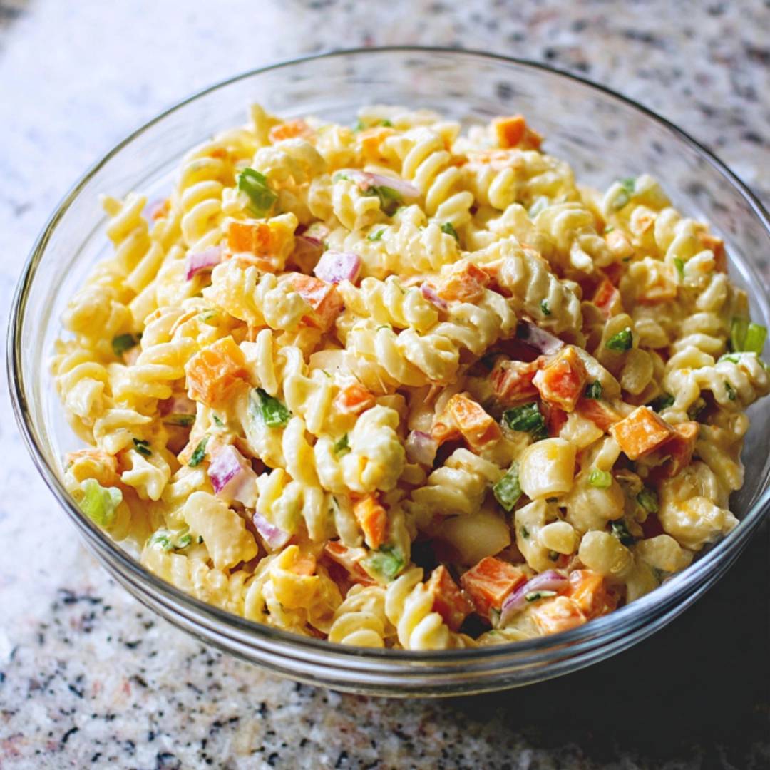 creamy pasta salad recipe in picnic setting
