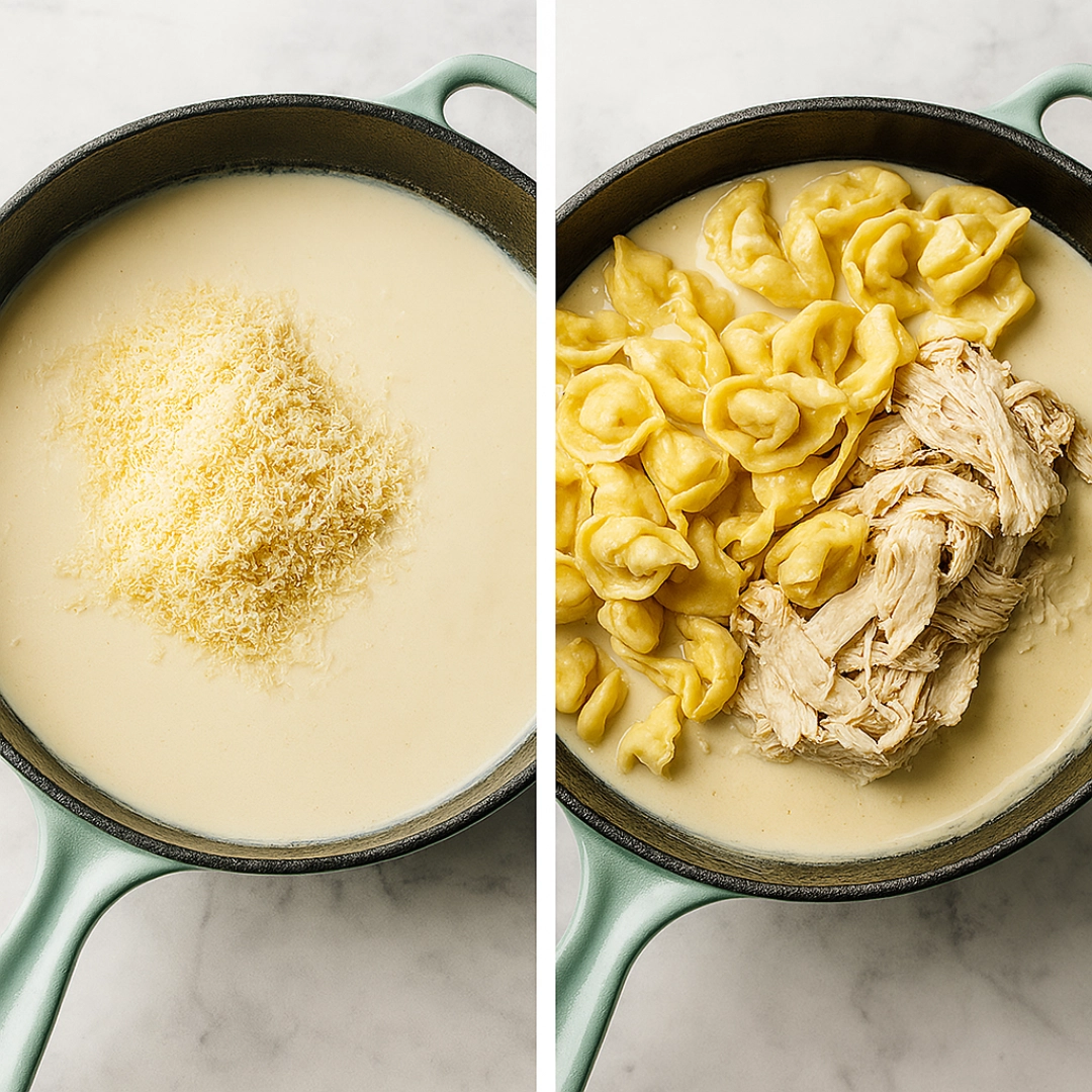 Chicken Tortellini Alfredo Topped with Parmesan Bowl of creamy chicken tortellini Alfredo topped with freshly grated parmesan and herbs