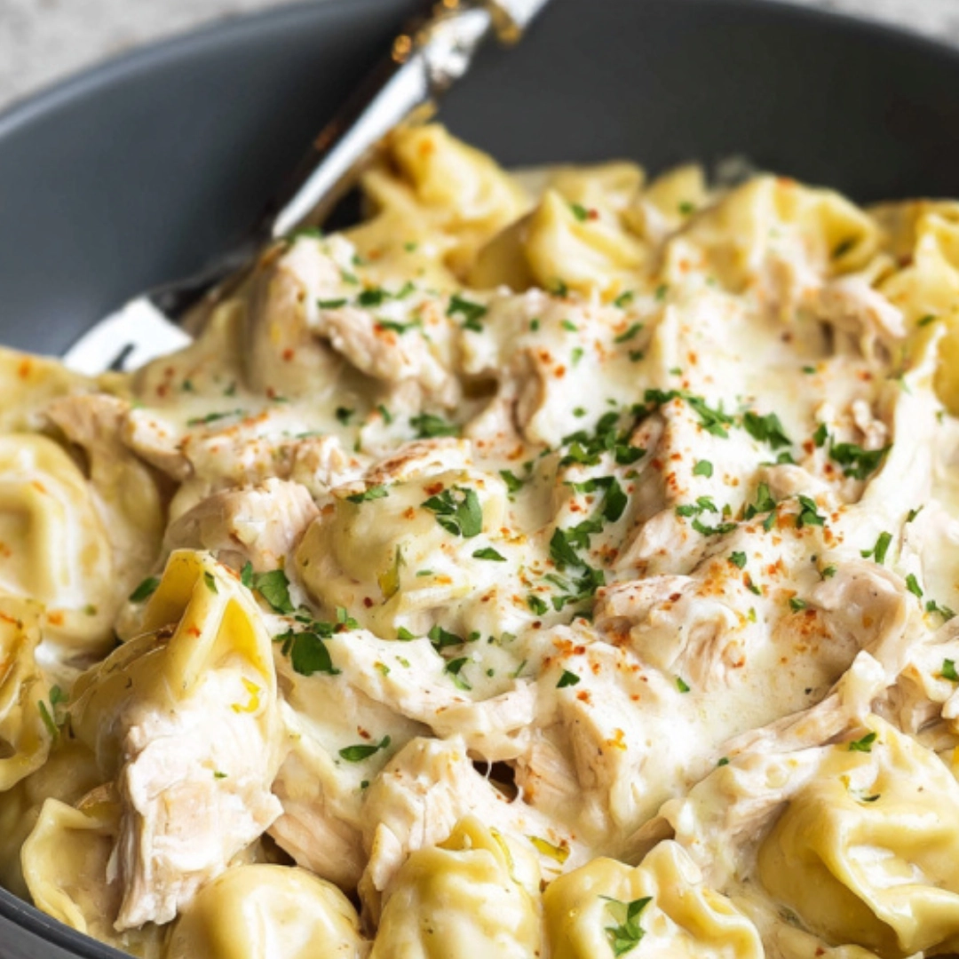 Ingredients for Creamy Chicken Tortellini Alfredo Recipe Ingredients for creamy chicken tortellini Alfredo including cheese tortellini, shredded chicken, cream, parmesan, broth, lemon juice, flour, butter, and garlic powder