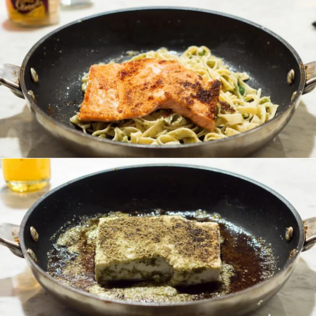 Bowl of gemelli pasta tossed with pesto and topped with flaky pieces of cooked salmon and fresh herbs