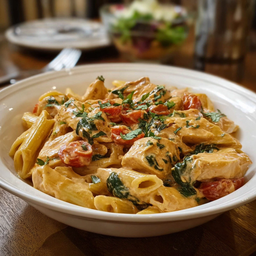 Creamy Tuscan Chicken Pasta Served in Bowl creamy Tuscan Chicken Pasta with spinach and cherry tomatoes in a white bowl