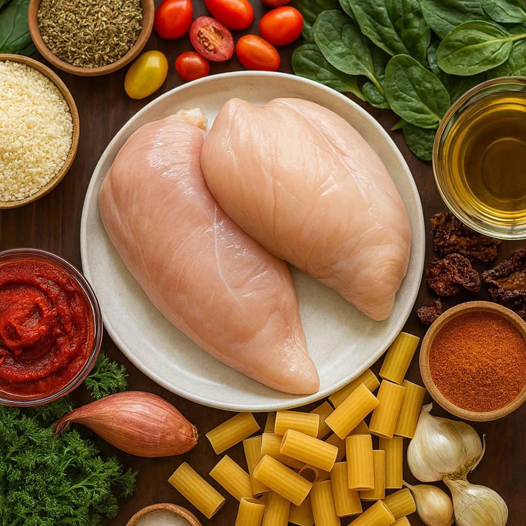 Fresh Ingredients for Tuscan Chicken Pasta raw chicken breasts, rigatoni, and vegetables for Tuscan Chicken Pasta