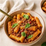 A bowl of 3-ingredient one pot pasta made with rigatoni, meat sauce, and fresh basil leaves.