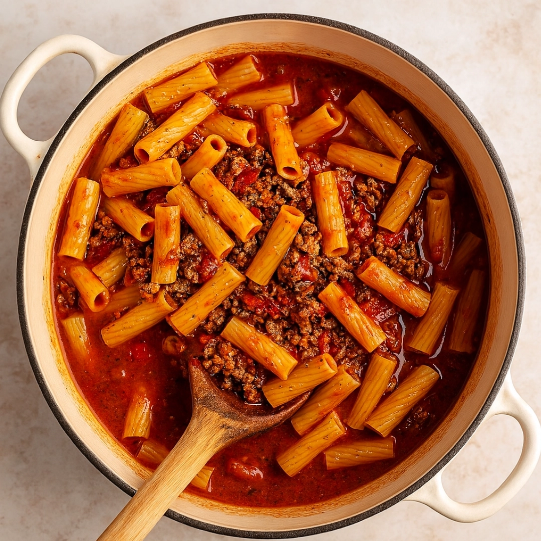 One Pot Pasta in a Bowl with Basil A close-up of rigatoni pasta with meat sauce and fresh basil served in a rustic bowl with a golden spoon.