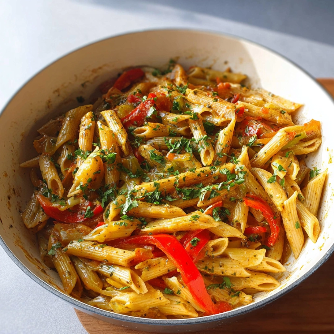 Rasta Pasta recipe with penne pasta and bell peppers in creamy jerk sauce