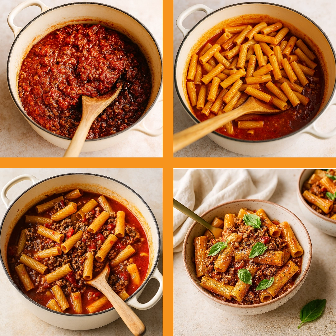 Rigatoni and Ground Meat Simmering in Sauce A Dutch oven filled with rigatoni pasta and ground meat in marinara sauce, being stirred with a wooden spoon.