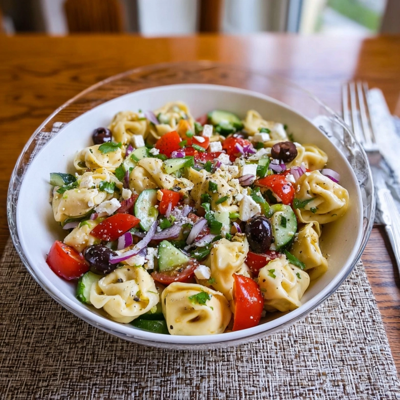 Fresh Greek tortellini pasta salad bursting with flavor Greek tortellini pasta salad with fresh vegetables and feta