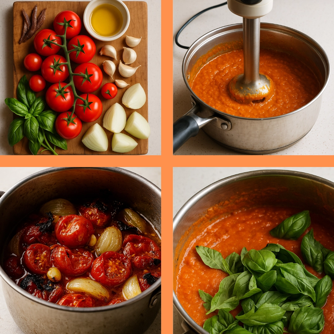 Step-by-Step Process of Making Roast Tomato Pasta Sauce Step-by-step preparation of Roast Tomato Pasta Sauce with fresh tomatoes, basil, and garlic