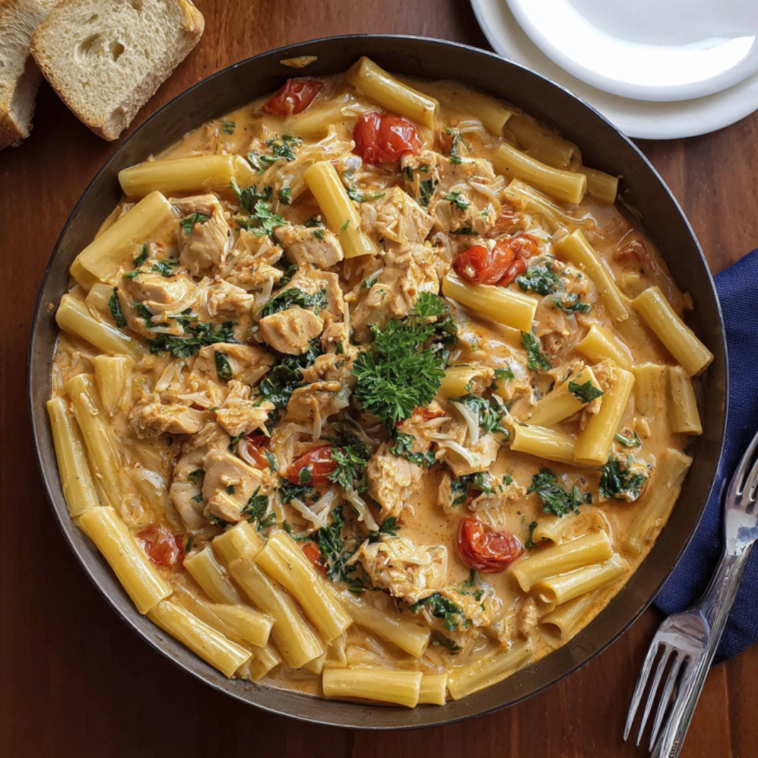 skillet filled with Tuscan Chicken Pasta and creamy tomato sauce