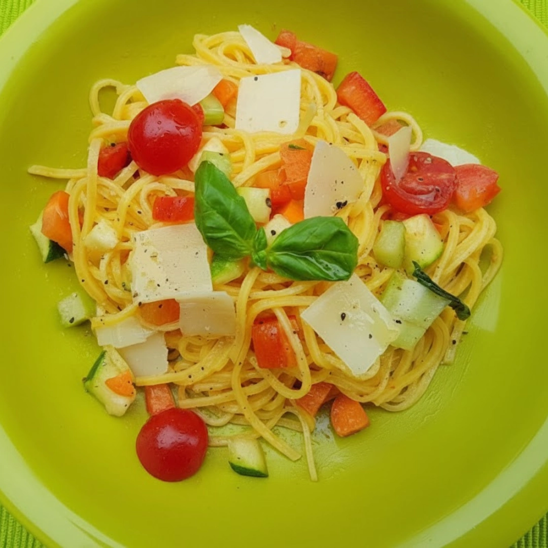 A close-up bowl of summer tagliolini pasta recipe with cherry tomatoes, basil, red onion and cucumber