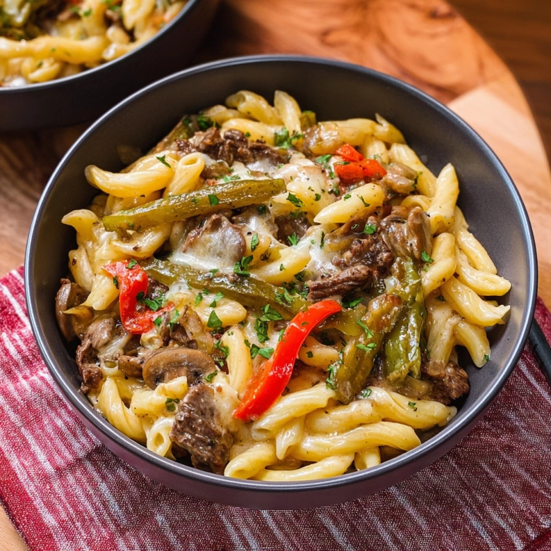 Creamy philly cheesesteak pasta in a single skillet, ready to serve philly cheesesteak pasta recipe skillet close-up with peppers and steak
