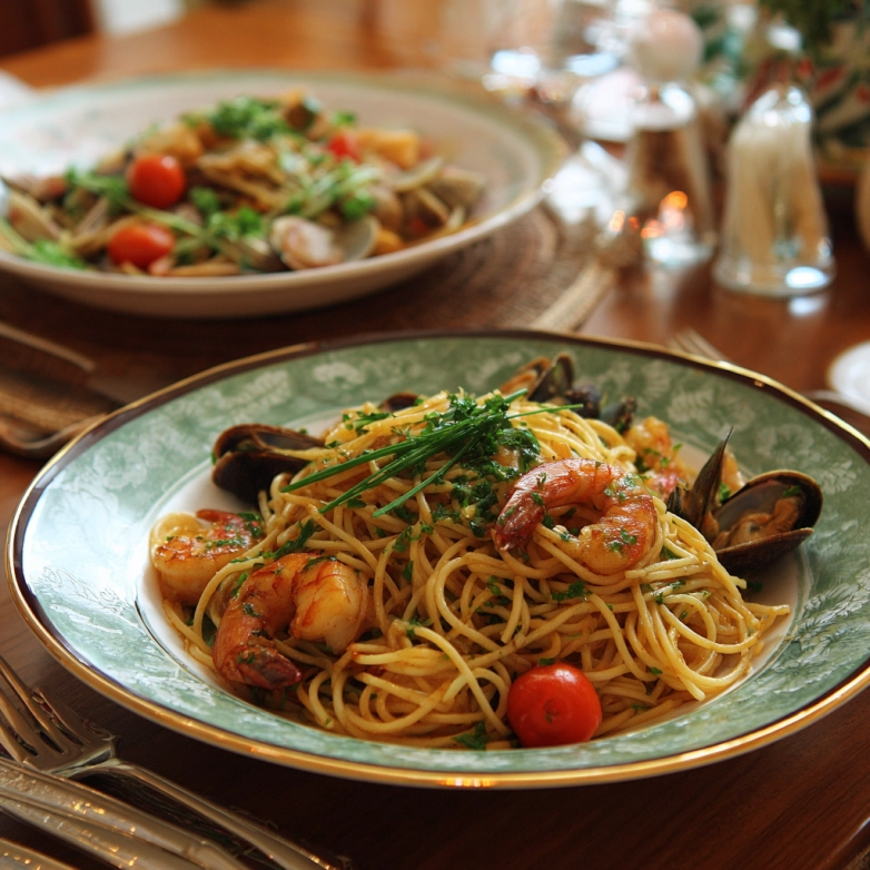 A bowl of seafood pasta with shrimp, salmon, and squid ink noodles – seafood pasta recipes