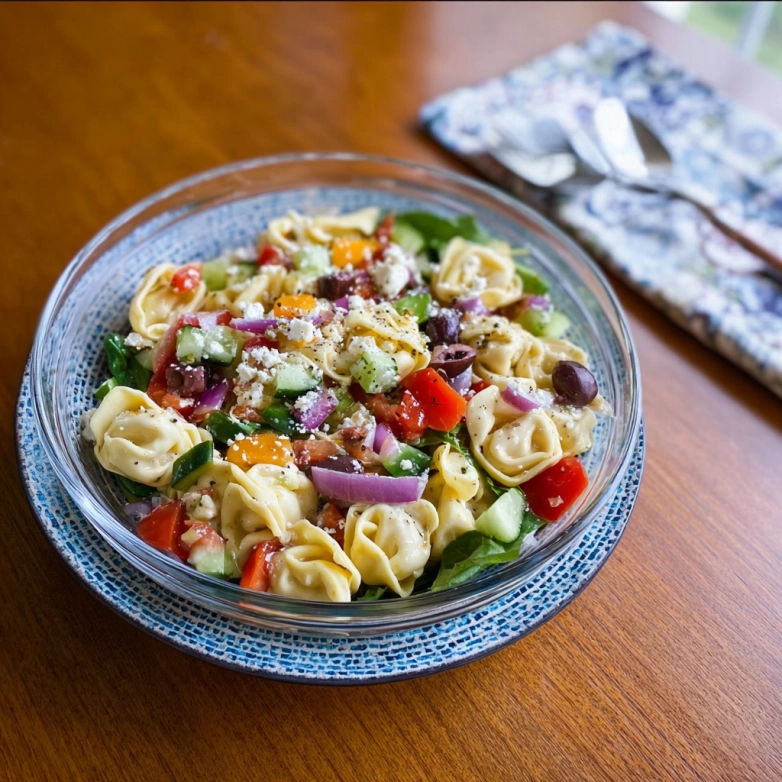 Fresh Greek tortellini pasta salad bursting with flavor Greek tortellini pasta salad with fresh vegetables and feta