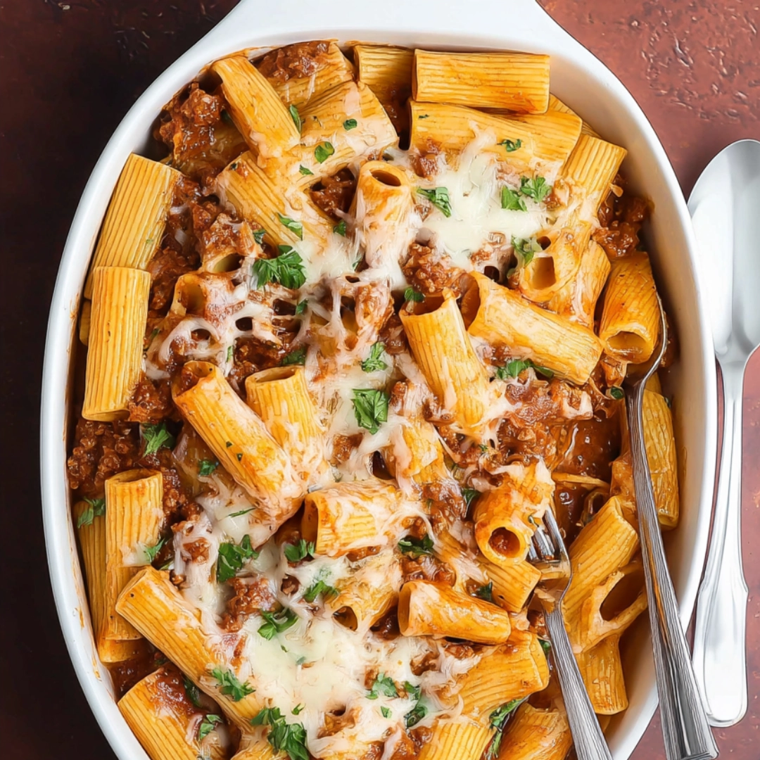 baked-rigatoni-close-up Close-up of baked rigatoni with ground beef and melted mozzarella cheese