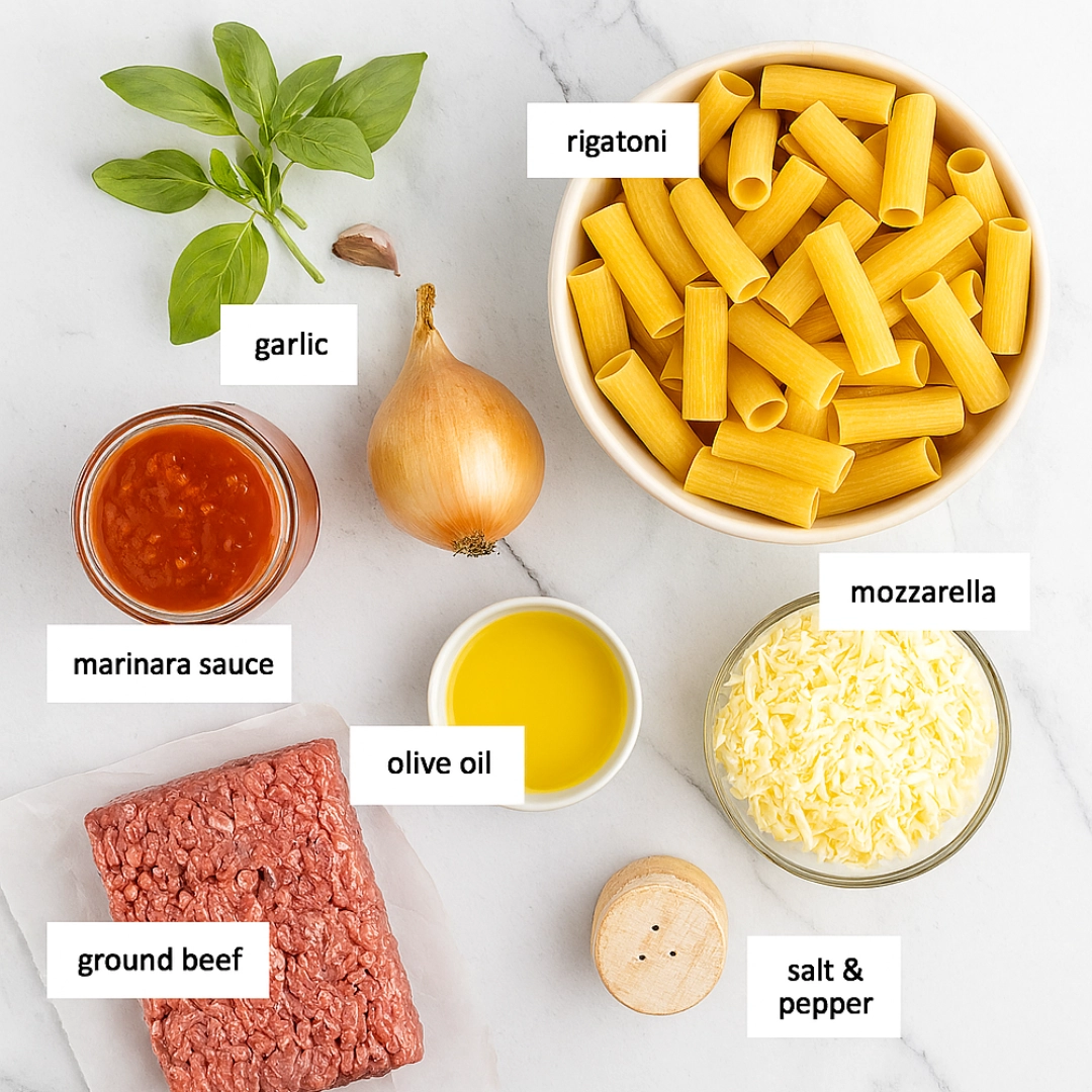 baked-rigatoni-ingredients Ingredients for baked rigatoni, including rigatoni pasta, ground beef, marinara sauce, mozzarella, onion, garlic, olive oil, and basil