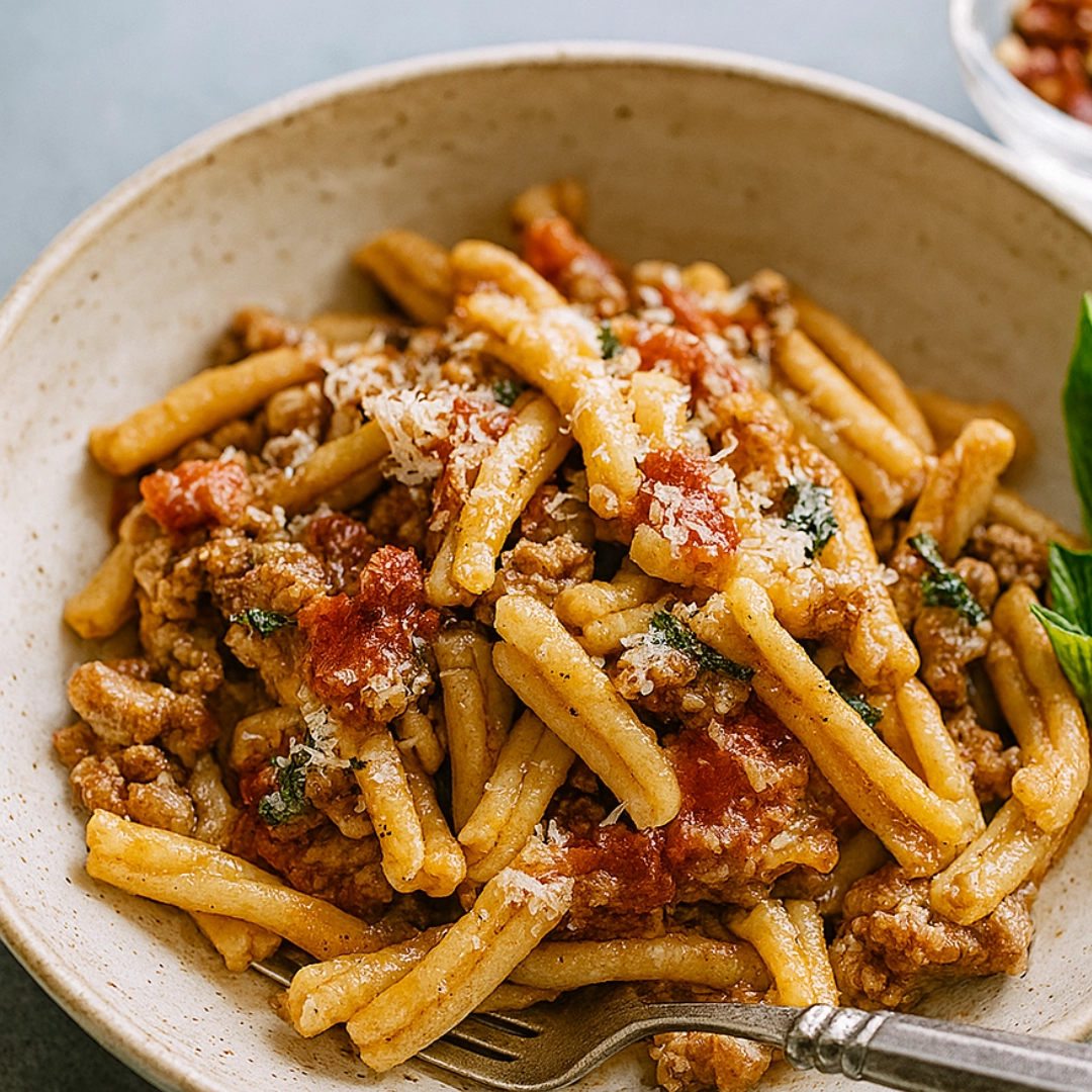 best-sauce-for-casarecce-pasta-with-chicken-and-basil Bowl of casarecce pasta in a savory tomato basil sauce topped with grated parmesan