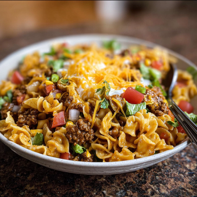best-taco-pasta-salad-served-fresh Best taco pasta salad recipe served with fresh toppings and crunchy chips