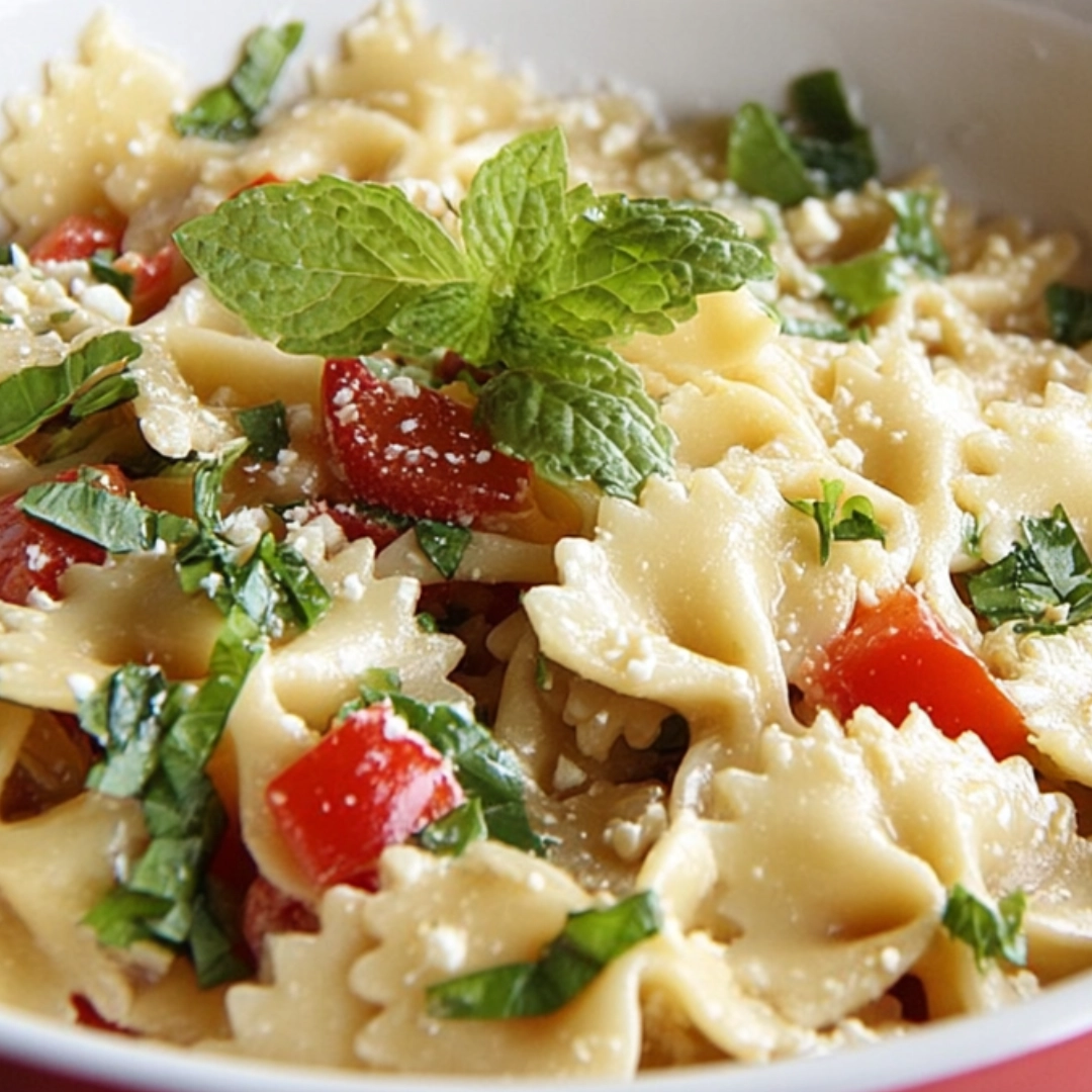 bow-tie-pasta-salad-cherry-tomatoes-fresh-herbs Close-up of bow tie pasta salad with cherry tomatoes, fresh basil, and a mint garnish