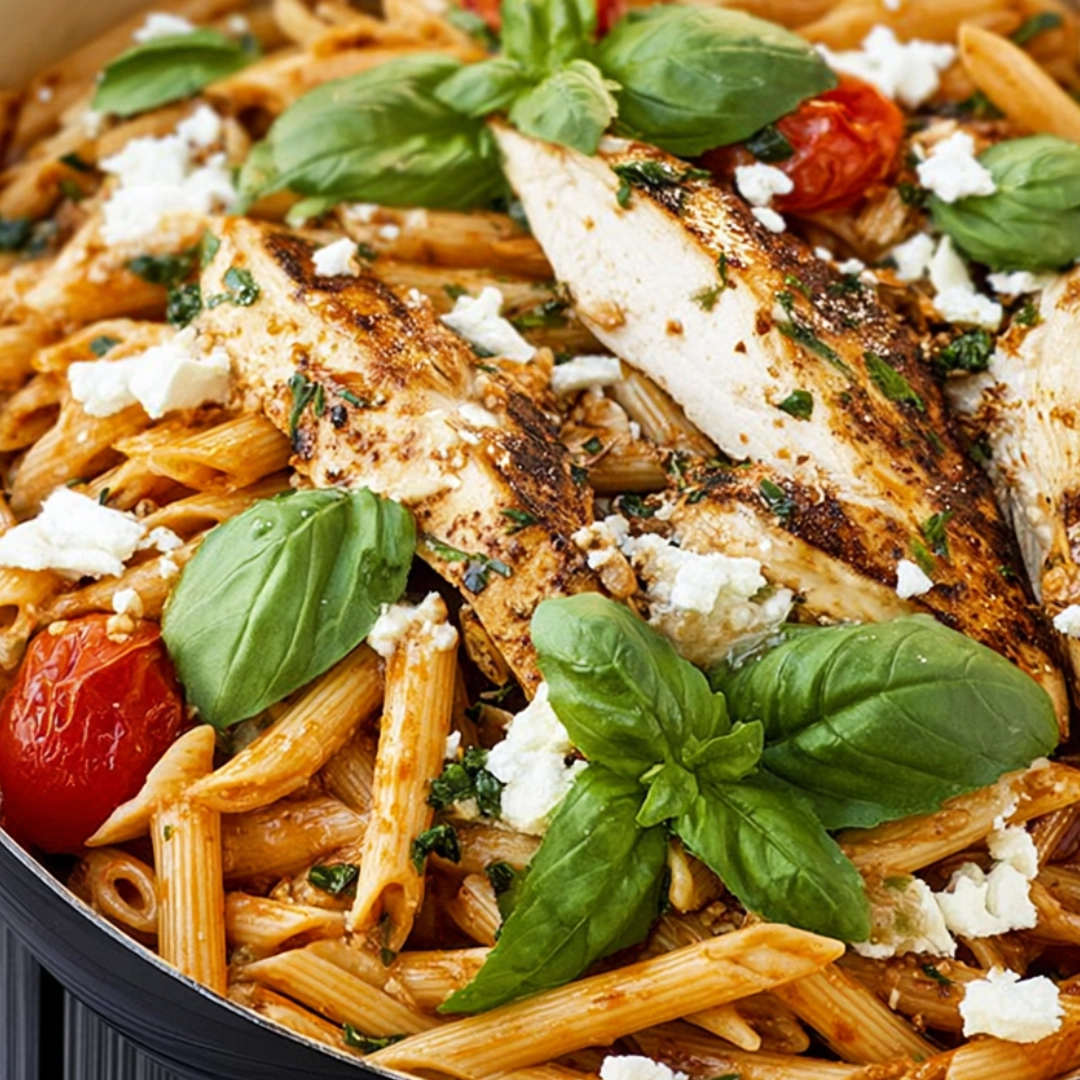 cheesecake-factory-tomato-basil-pasta-closeup Close-up of Cheesecake Factory Tomato Basil Pasta served with grilled chicken, fresh basil, and crumbled cheese