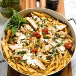 Close-up of Cheesecake Factory Tomato Basil Pasta served with grilled chicken, fresh basil, and crumbled cheese
