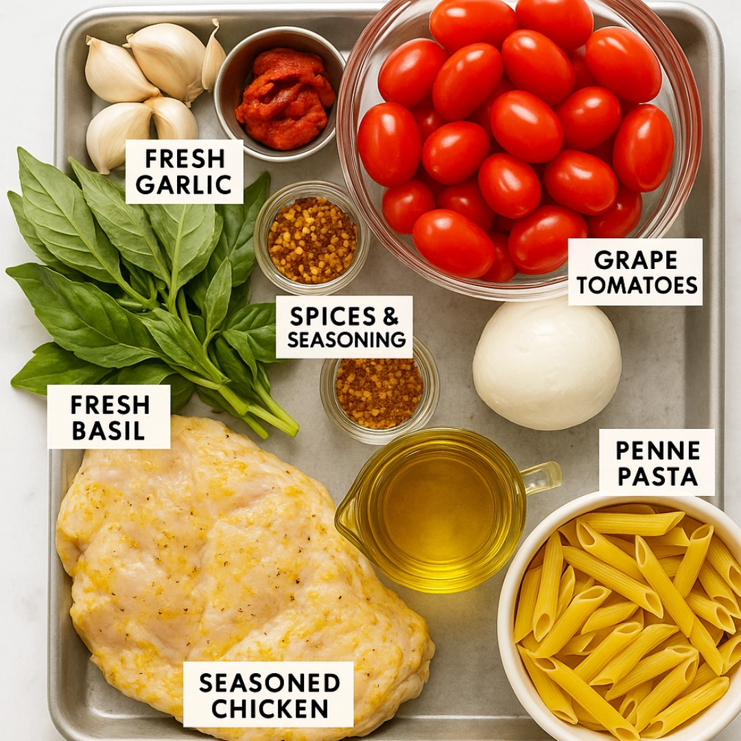 cheesecake-factory-tomato-basil-pasta-ingredients Cheesecake Factory Tomato Basil Pasta ingredients flat lay with fresh basil, garlic, grape tomatoes, mozzarella, chicken, and penne pasta