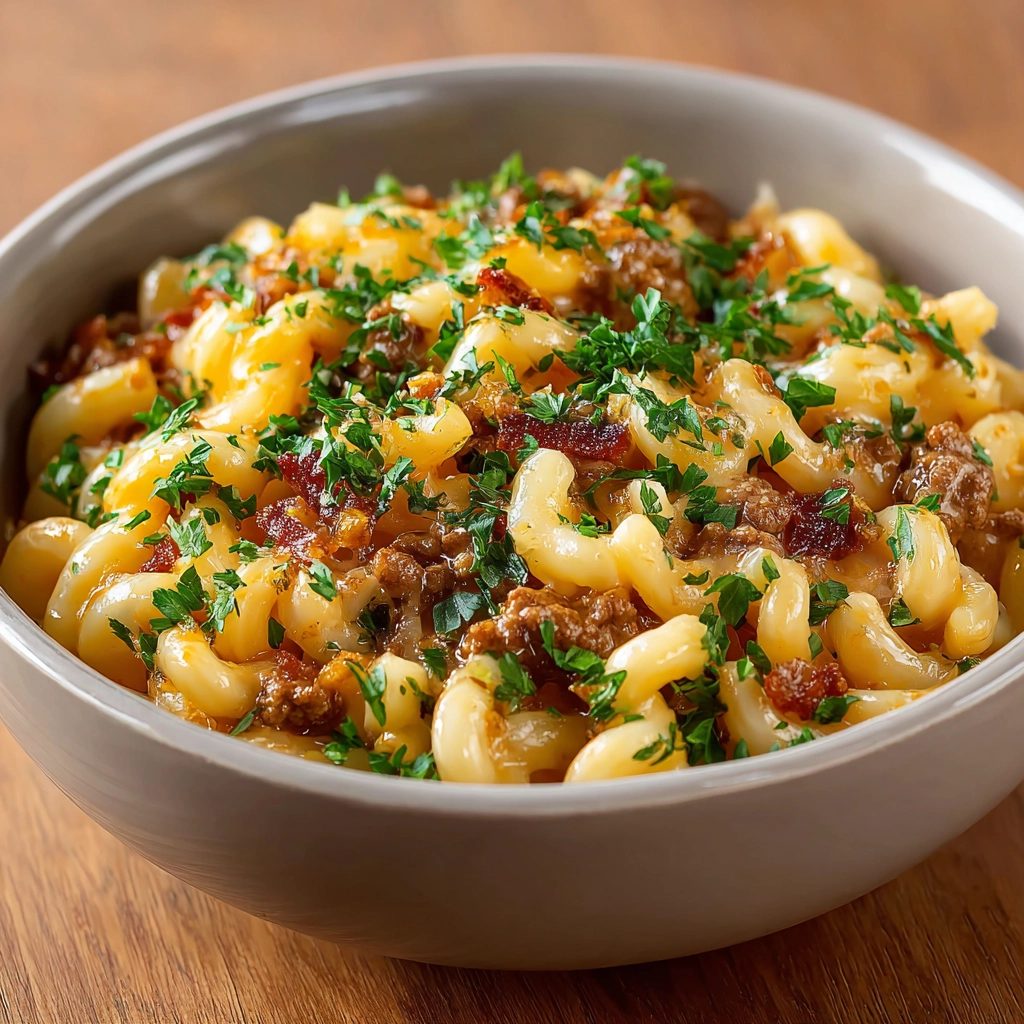 Cheesy beef pasta in ceramic bowl with fresh herbs