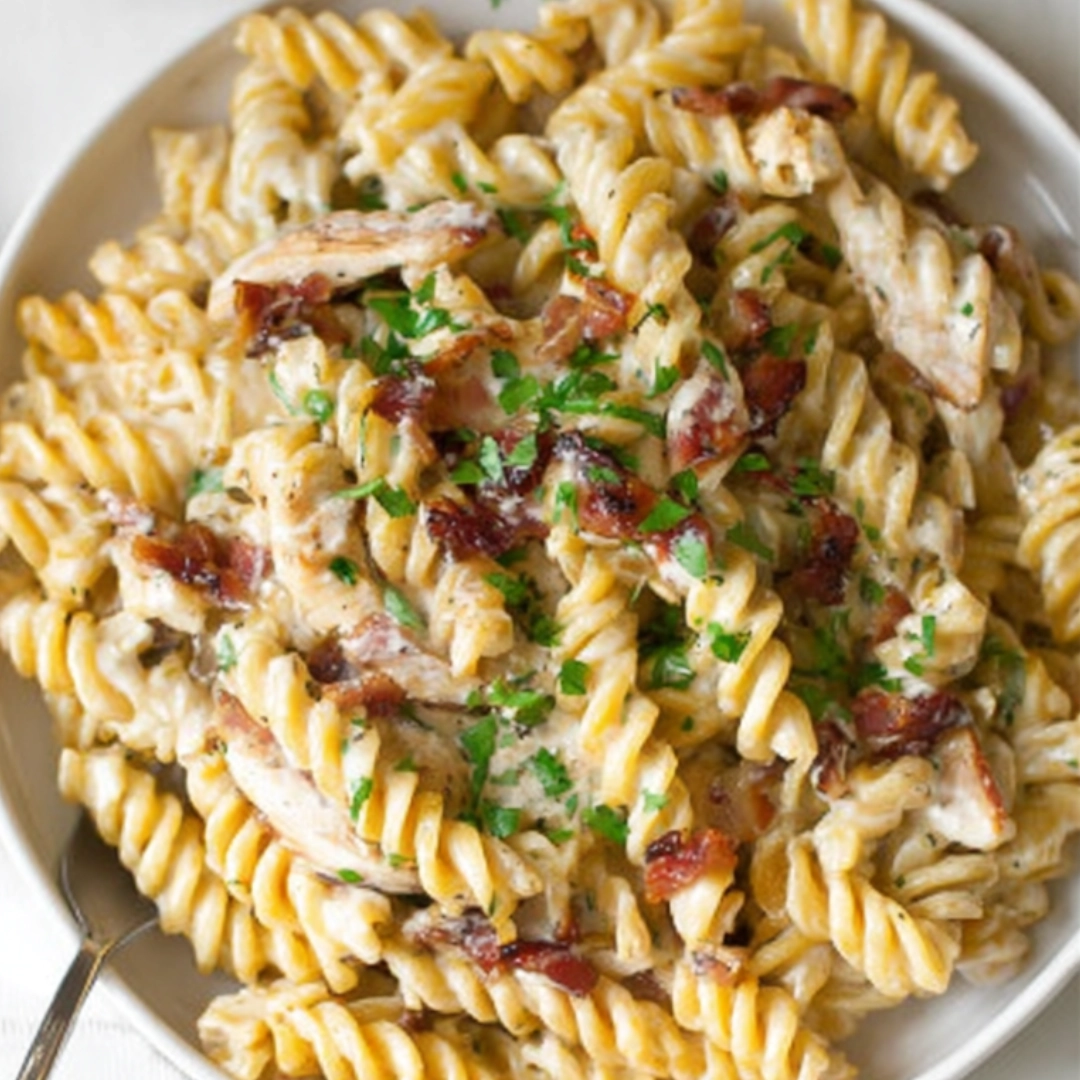 chicken-bacon-ranch-pasta-finished-plate A plate of creamy chicken bacon ranch pasta topped with fresh herbs