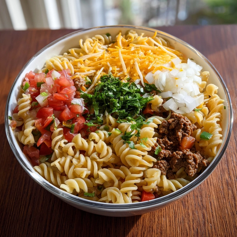 taco-pasta-salad-ingredients-mixed-bowl Simple taco pasta salad recipe with fresh ingredients ready to be mixed