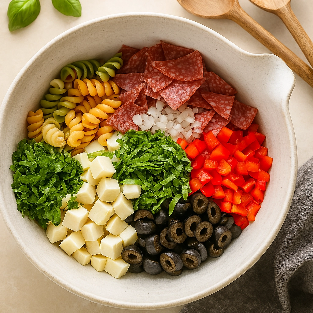 close-up-creamy-pasta-salad-italian-style.webp Close-up of creamy Italian pasta salad with rotini, herbs, olives, and cheese in a bowl