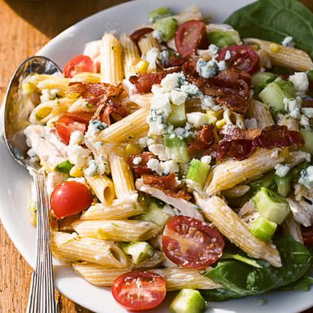 cobb-pasta-salad-recipe-1.webp Fresh Cobb pasta salad recipe with creamy dressing, cherry tomatoes, and crumbled cheese