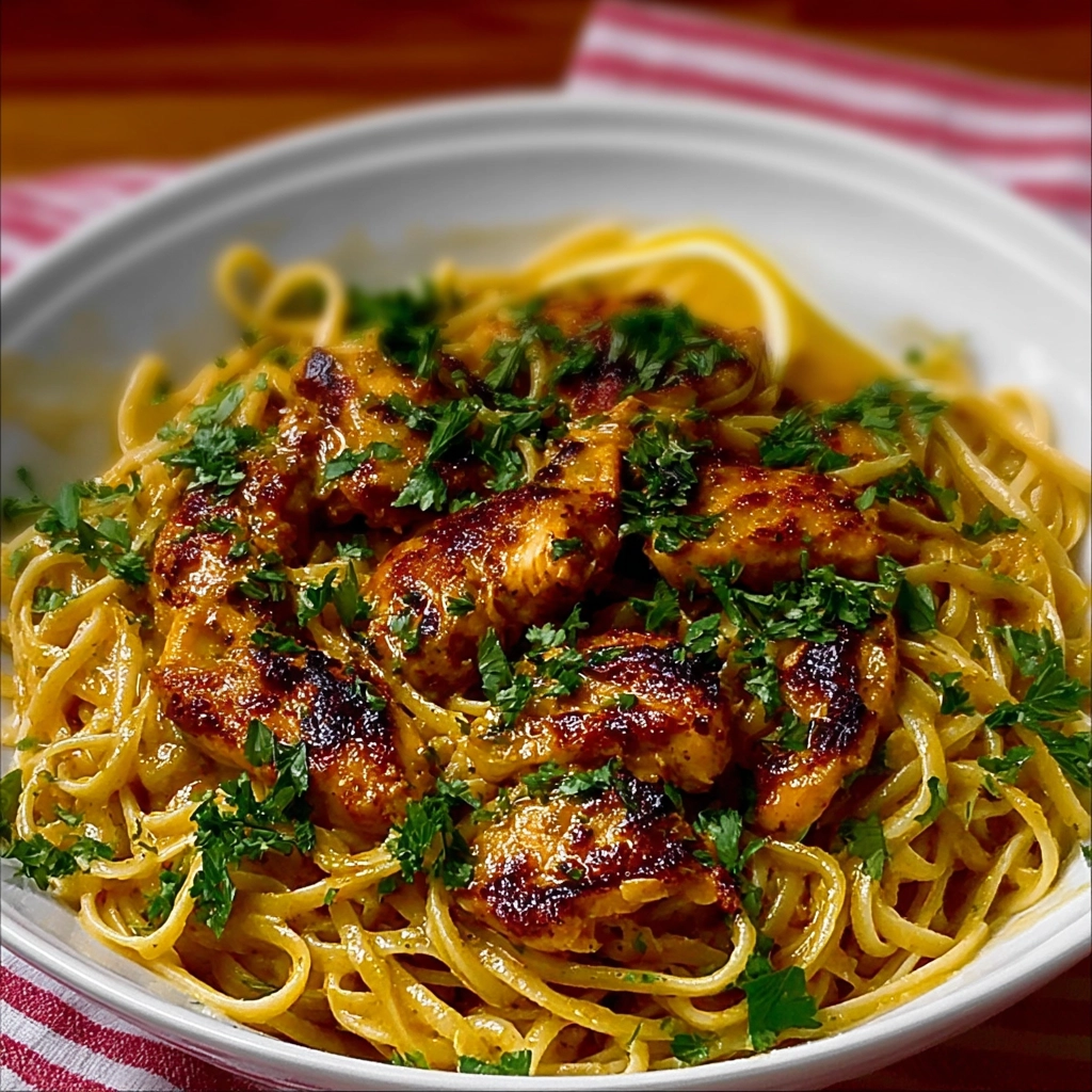 Cowboy Butter Chicken Linguine served on a rustic plate